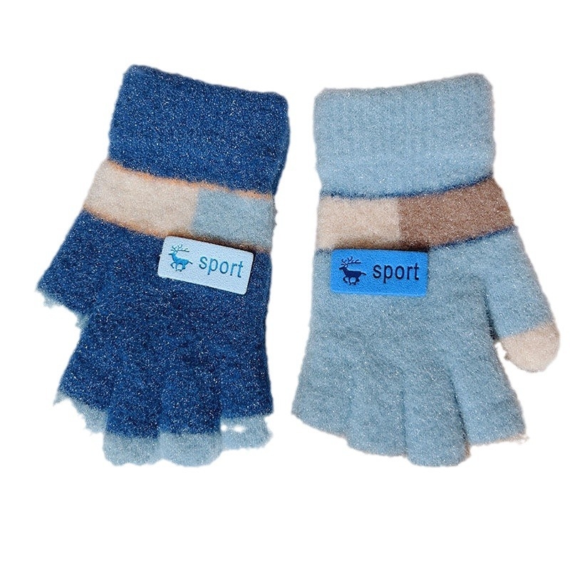 Vaikų megztos žiemos pirštinės, unisex, dryžuotas raštas, velveto medžiaga, išlaiko šilumą