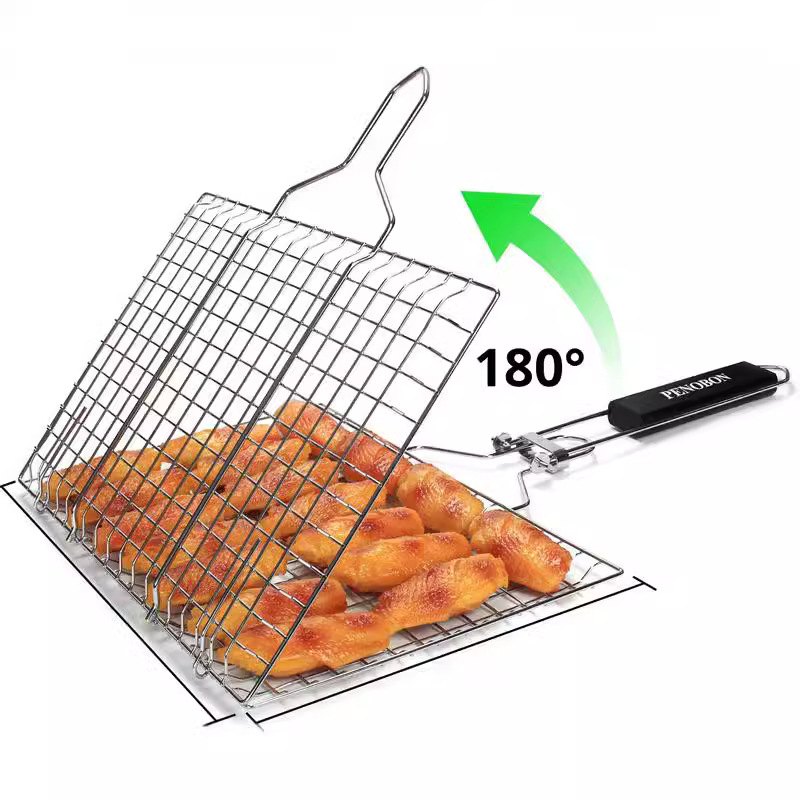 Grilio tinklo krepšys iš nerūdijančio plieno, kvadratinė forma, sulankstomas, 0,7 kg