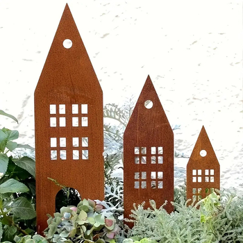 Fém kertdekoráció kastély- és házsziluettel, geometriai forma, pásztorális stílus (Anyag: vas; Alkalmas otthonra és kertre; Karácsonyi dekoráció)