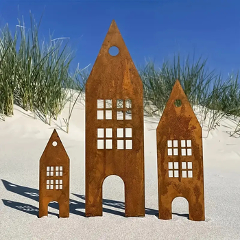 Fém kertdekoráció kastély- és házsziluettel, geometriai forma, pásztorális stílus (Anyag: vas; Alkalmas otthonra és kertre; Karácsonyi dekoráció)