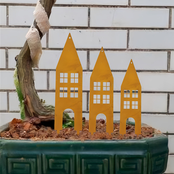 Fém kertdekoráció kastély- és házsziluettel, geometriai forma, pásztorális stílus (Anyag: vas; Alkalmas otthonra és kertre; Karácsonyi dekoráció)