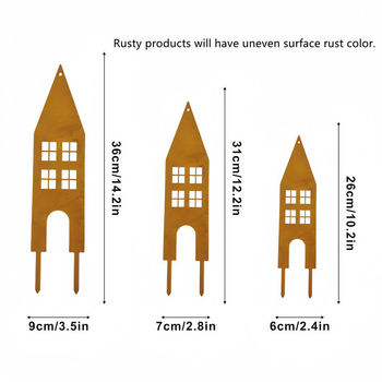 Fém kertdekoráció kastély- és házsziluettel, geometriai forma, pásztorális stílus (Anyag: vas; Alkalmas otthonra és kertre; Karácsonyi dekoráció)