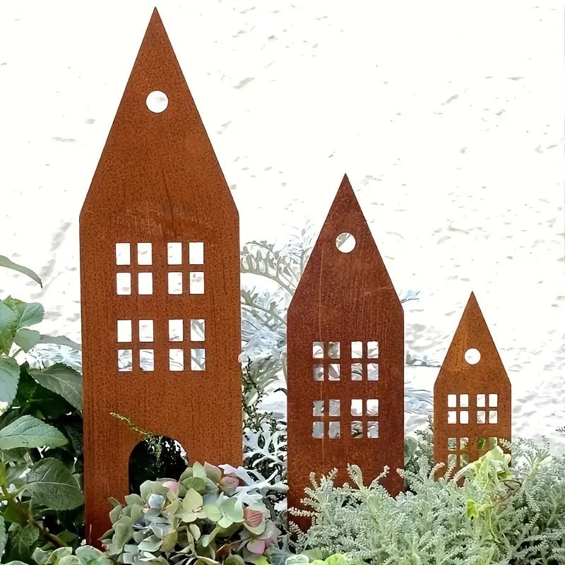 Fém kertdekoráció kastély- és házsziluettel, geometriai forma, pásztorális stílus (Anyag: vas; Alkalmas otthonra és kertre; Karácsonyi dekoráció)