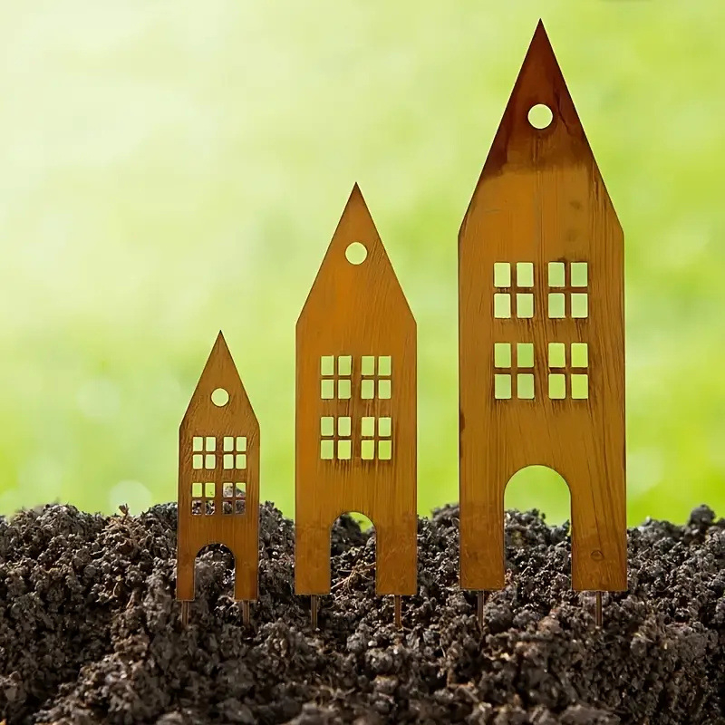 Fém kertdekoráció kastély- és házsziluettel, geometriai forma, pásztorális stílus (Anyag: vas; Alkalmas otthonra és kertre; Karácsonyi dekoráció)