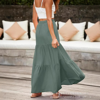 Плисирана дълга пола A-линия с джобове с клапи, едноцветна полиестерна тъкан (≥95%), пролет 2025