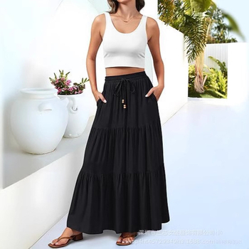 Плисирана дълга пола A-линия с джобове с клапи, едноцветна полиестерна тъкан (≥95%), пролет 2025