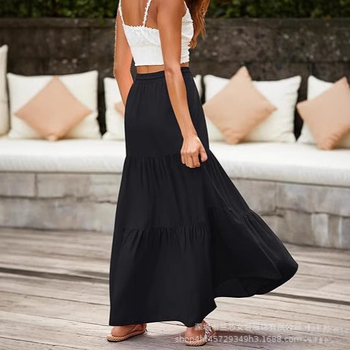 Плисирана дълга пола A-линия с джобове с клапи, едноцветна полиестерна тъкан (≥95%), пролет 2025