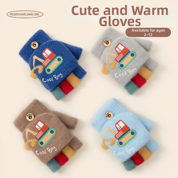 Vaikų žieminės pirštinės su karikatūrų dizainu, pusiau pirštų stilius, megzti akriliniai pluoštai, šiluma vaikams, žiema ir ruduo