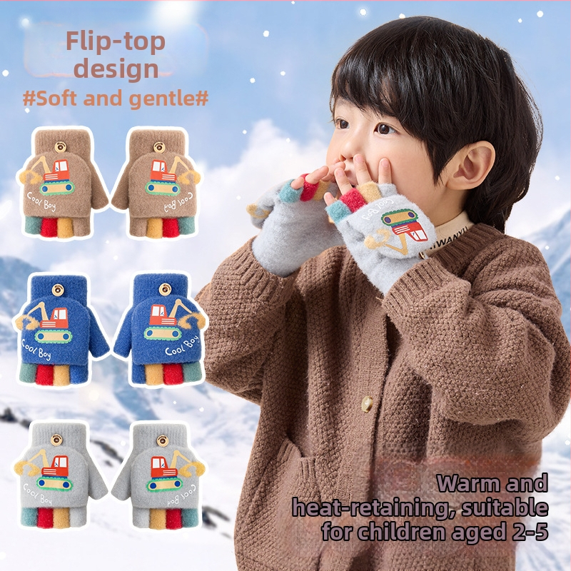 Детски зимни ръкавици с карикатурен дизайн, половин пръсти, акрилно влакно, термични и топли за деца, зима/есен
