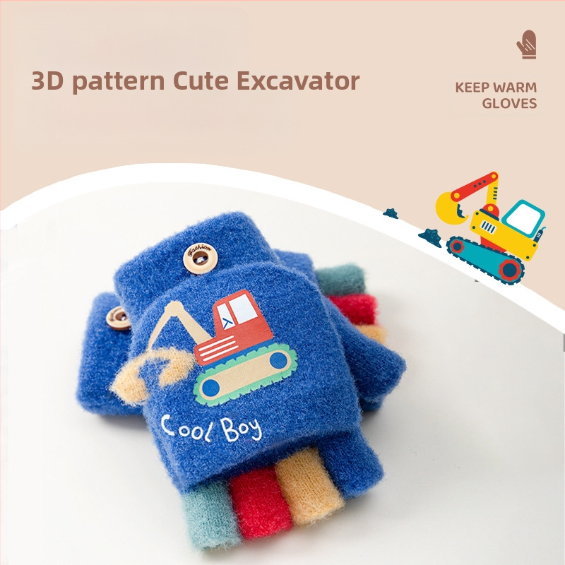 Детски зимни ръкавици с карикатурен дизайн, половин пръсти, акрилно влакно, термични и топли за деца, зима/есен