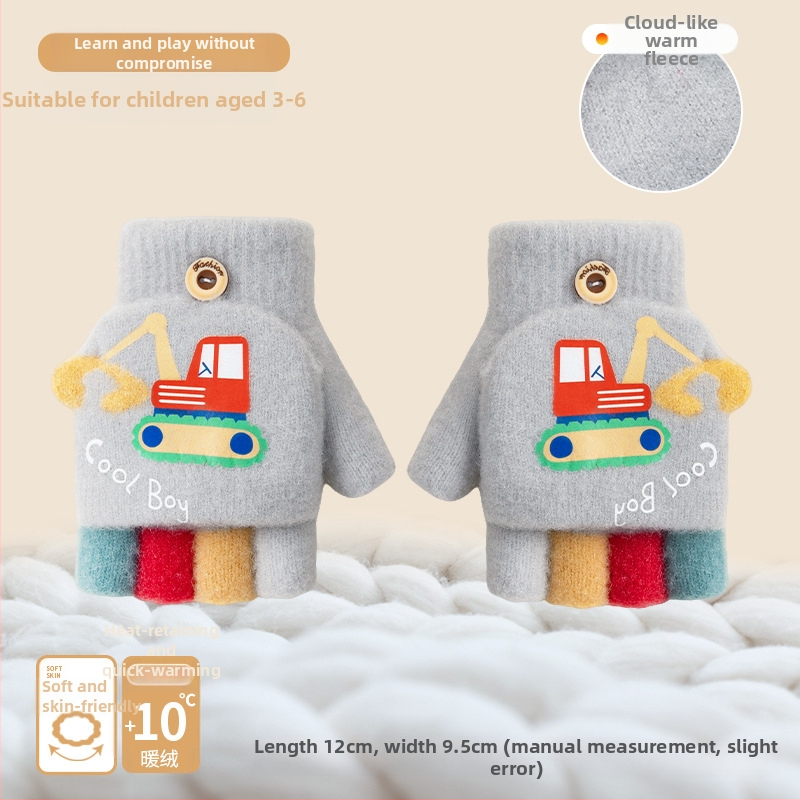 Vaikų žieminės pirštinės su karikatūrų dizainu, pusiau pirštų stilius, megzti akriliniai pluoštai, šiluma vaikams, žiema ir ruduo