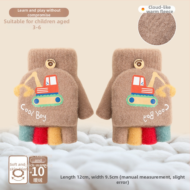 Vaikų žieminės pirštinės su karikatūrų dizainu, pusiau pirštų stilius, megzti akriliniai pluoštai, šiluma vaikams, žiema ir ruduo