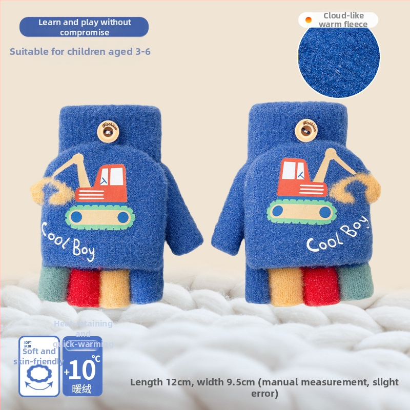 Vaikų žieminės pirštinės su karikatūrų dizainu, pusiau pirštų stilius, megzti akriliniai pluoštai, šiluma vaikams, žiema ir ruduo