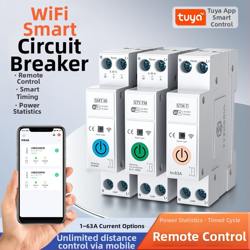 TYZHSOUL Tuya Smart Life WiFi drošības slēdzis – DIN sliedes montāža, 76–270V, 63A, attālināta kontrole un enerģijas mērīšana