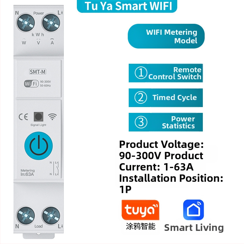 TYZHSOUL Tuya Smart Life WiFi srovės pertraukiklis – DIN bėgelio montavimas, 76–270V, 63A, nuotolinis valdymas ir energijos matavimas