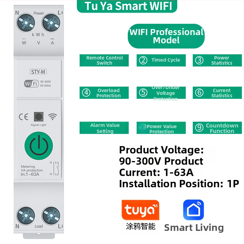 TYZHSOUL Tuya Smart Life WiFi srovės pertraukiklis – DIN bėgelio montavimas, 76–270V, 63A, nuotolinis valdymas ir energijos matavimas