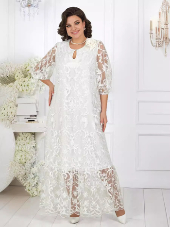 Комплект коктейлна рокля с дантелена бродерия за плюс размер, миди А-линия, кръгло деколте, полиестер ≥95%