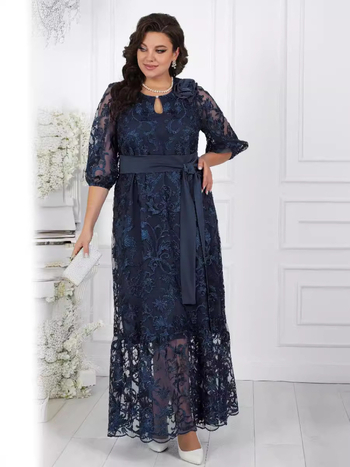 Комплект коктейлна рокля с дантелена бродерия за плюс размер, миди А-линия, кръгло деколте, полиестер ≥95%