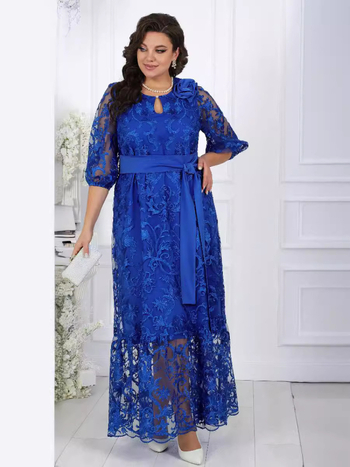 Комплект коктейлна рокля с дантелена бродерия за плюс размер, миди А-линия, кръгло деколте, полиестер ≥95%