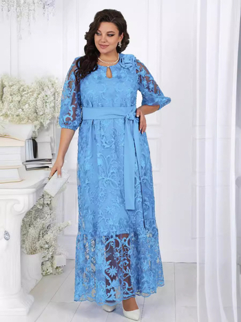 Комплект коктейлна рокля с дантелена бродерия за плюс размер, миди А-линия, кръгло деколте, полиестер ≥95%