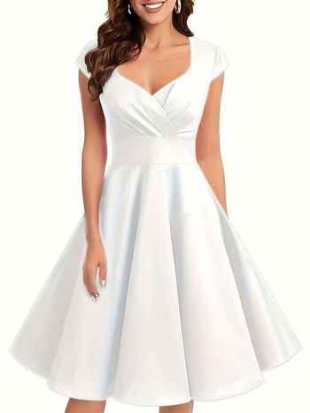 Φόρεμα με V-λαιμό, κοντά μανίκια, midi μήκος, σιλουέτα swing, πολυεστέρας 70–80%