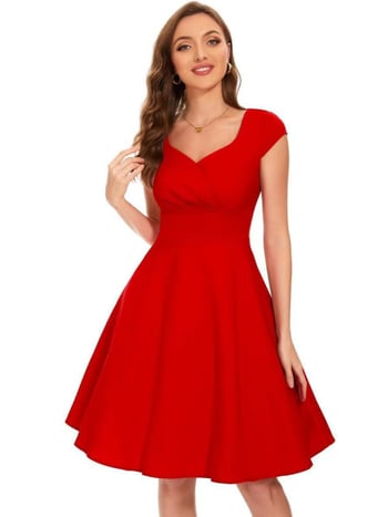 Φόρεμα με V-λαιμό, κοντά μανίκια, midi μήκος, σιλουέτα swing, πολυεστέρας 70–80%