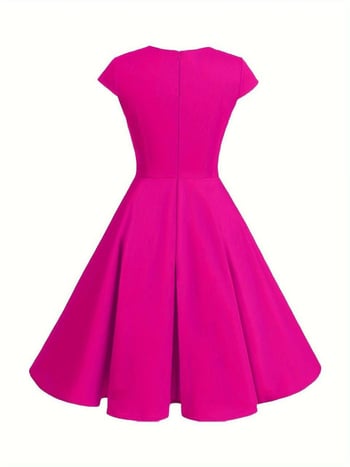 Φόρεμα με V-λαιμό, κοντά μανίκια, midi μήκος, σιλουέτα swing, πολυεστέρας 70–80%