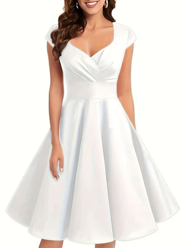 Φόρεμα με V-λαιμό, κοντά μανίκια, midi μήκος, σιλουέτα swing, πολυεστέρας 70–80%