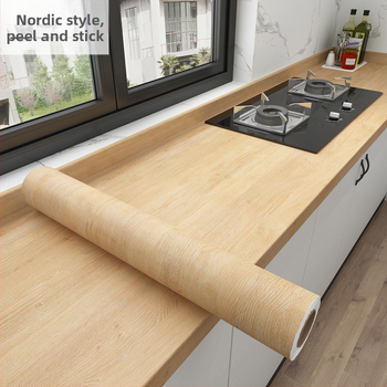Debela vinil naljepnica za obnovu kuhinjskog pulta s drvenim uzorkom, vodootporna, samoljepljiva, 40×100 cm, žuti hrast – za namještaj, stolove, ormariće i vrata (prugasti uzorak)