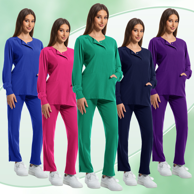 Unisex medicīnas scrubs komplekts ar īsiem piedurknēm, V-kakla izgriezums, audums no poliestera/spandeksa, 90–95% poliestera, 5–10% spandeksa