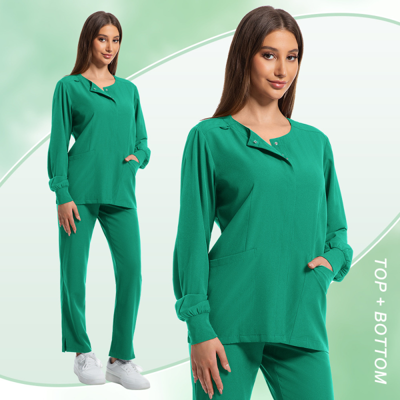 Unisex medicininių scrubs komplektas su trumpomis rankovėmis, V kaklo, poliesterio/spandekso audinys, 90–95% poliesterio, 5–10% spandekso