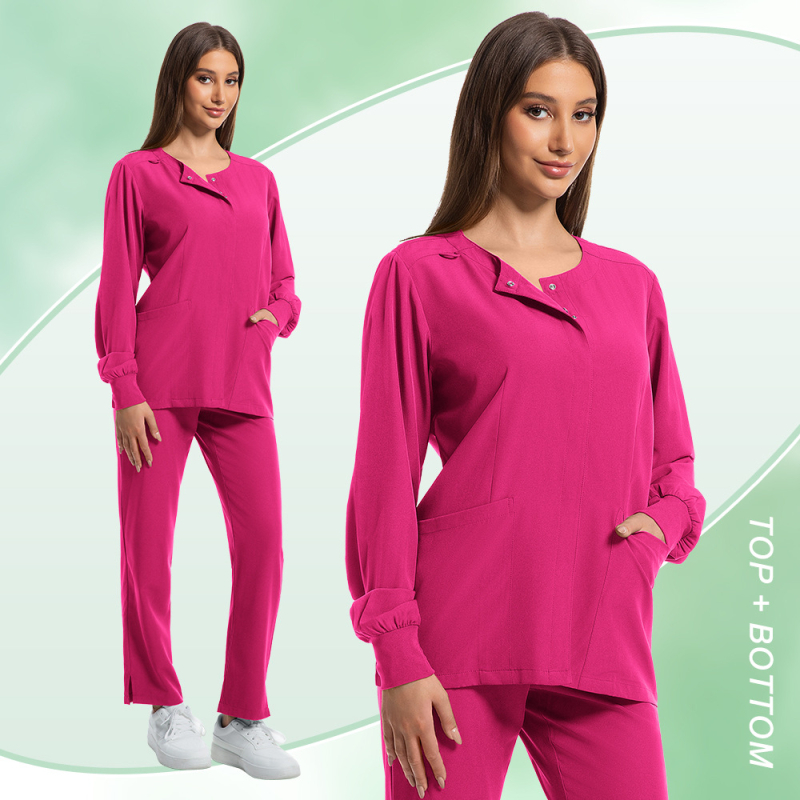 Unisex medicininių scrubs komplektas su trumpomis rankovėmis, V kaklo, poliesterio/spandekso audinys, 90–95% poliesterio, 5–10% spandekso