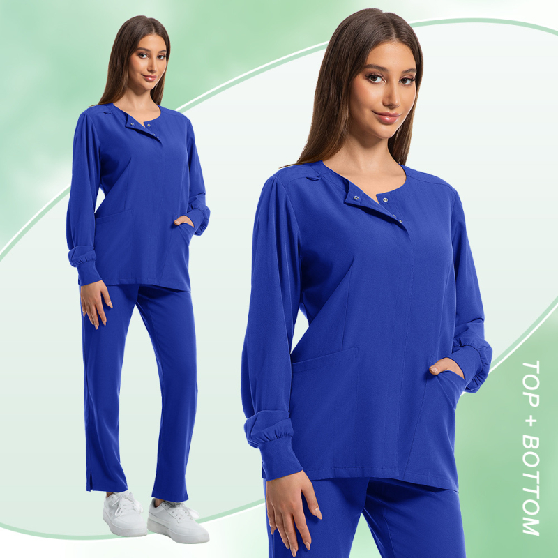 Unisex medicininių scrubs komplektas su trumpomis rankovėmis, V kaklo, poliesterio/spandekso audinys, 90–95% poliesterio, 5–10% spandekso