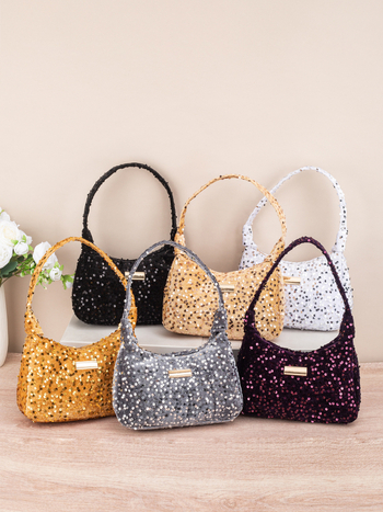 Crossbody táska flitterekkel, zipzáras zárás, PU anyag, poliészter bélés, utcai stílus