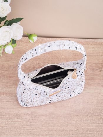 Crossbody táska flitterekkel, zipzáras zárás, PU anyag, poliészter bélés, utcai stílus