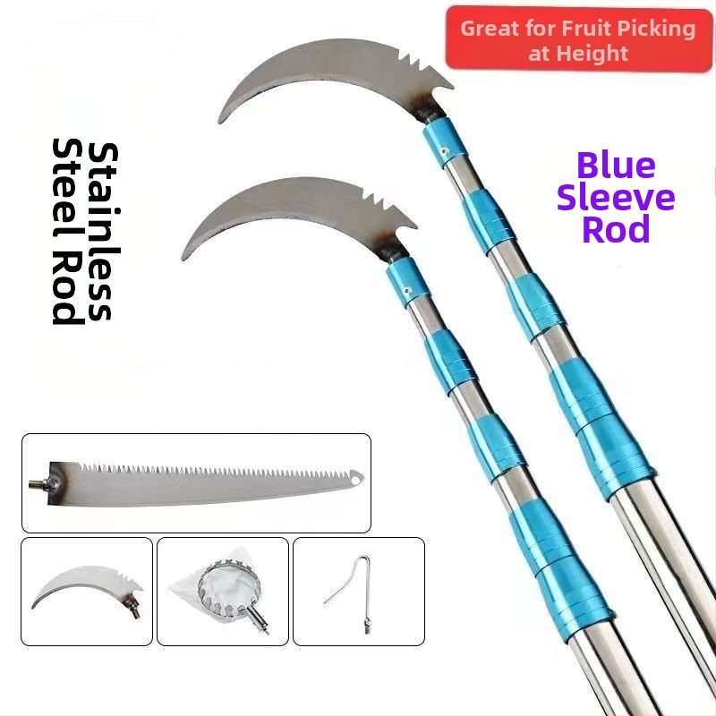 Телескопична пръчка за беритба на плодове с кука; неръждаема стомана + галванизиран плодоберач; регулируеми 3–6 секции; тегло 0.6 кг, 1.7 кг, 2.5 кг