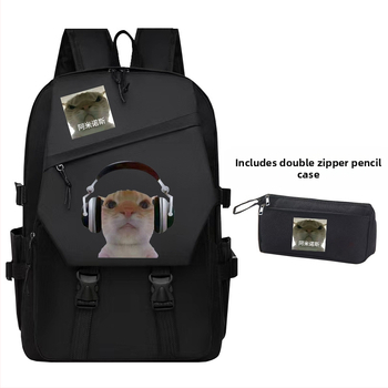 Учебна раница с дизайн на котка с голяма глава и извита уста - Унисекс; За ученици 5-6 клас; Oxford плат; Детски и сладък стил; Есен 2024