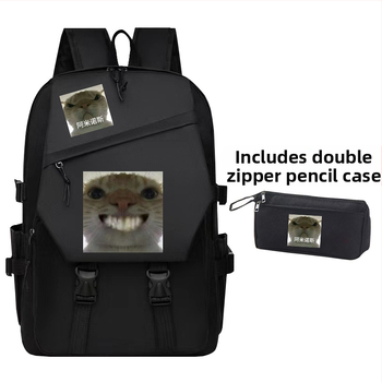 Учебна раница с дизайн на котка с голяма глава и извита уста - Унисекс; За ученици 5-6 клас; Oxford плат; Детски и сладък стил; Есен 2024