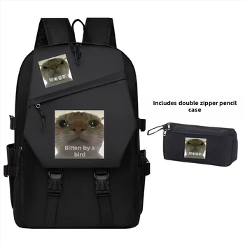 Учебна раница с дизайн на котка с голяма глава и извита уста - Унисекс; За ученици 5-6 клас; Oxford плат; Детски и сладък стил; Есен 2024