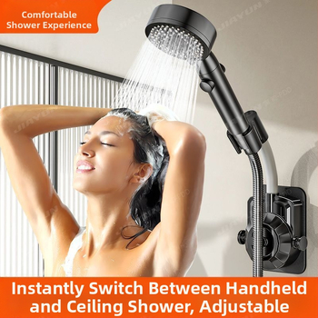 Be gręžimo, universalus dušo galvos laikiklis su siurbimo gaideliu, reguliuojamas montavimas voniai, ABS medžiaga, elektroplakatu paviršius