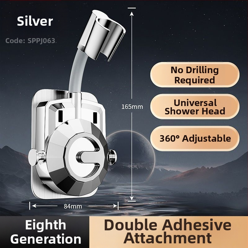 Be gręžimo, universalus dušo galvos laikiklis su siurbimo gaideliu, reguliuojamas montavimas voniai, ABS medžiaga, elektroplakatu paviršius