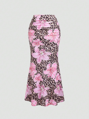 Дълга полиестерна пола A-line с пълен принт и 3D ефект, елегантен стил, пролет 2025