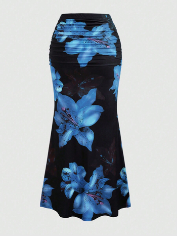 Дълга полиестерна пола A-line с пълен принт и 3D ефект, елегантен стил, пролет 2025