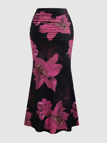 Дълга полиестерна пола A-line с пълен принт и 3D ефект, елегантен стил, пролет 2025