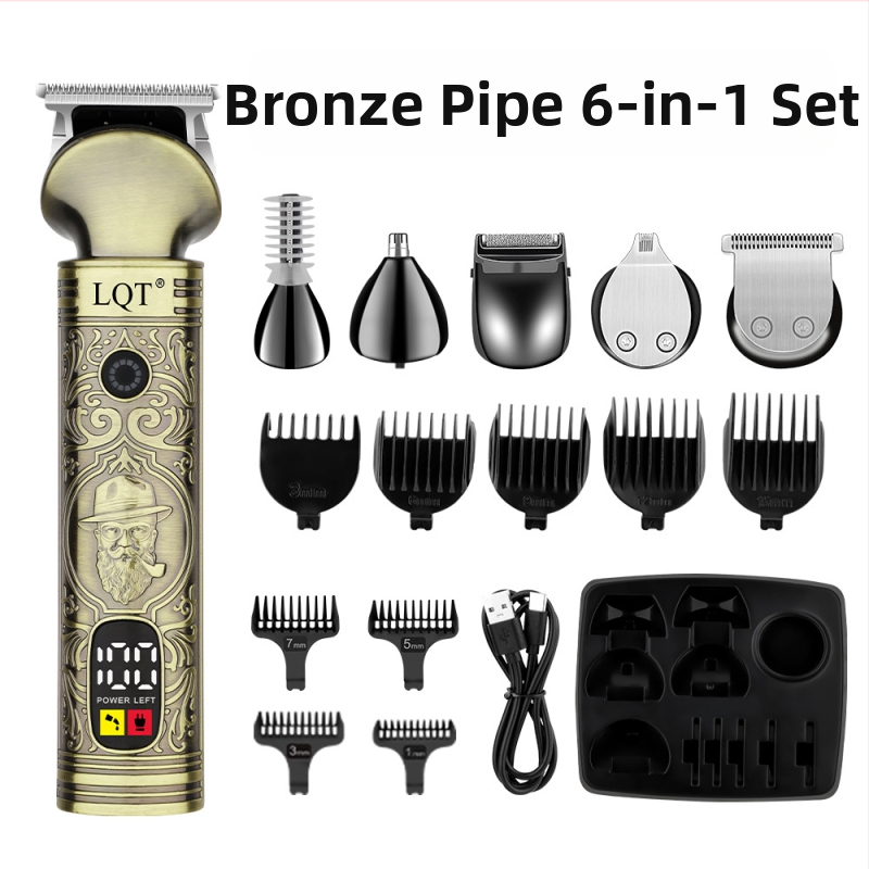 Šeši viename elektrinis plaukų kirpimo mašinėlė, daugiafunkcinis trimeris su nosies plaukų funkcija, galingas variklis, įmontuota baterija 1000–1200 mAh, nerūdijanio plieno peiliai, skaitmeninis ekranas