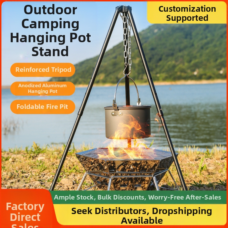 Mount Rock ārējais trikojis ugunskura statīvs ar pakārāmajiem katlu traukiem — alumīnija sakausējums, pārnēsājams, viegls, dubulta izmantošana