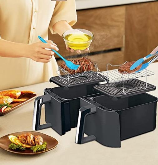 Air Fryer priedai: netaisyklingos formos silikono indas ir kepsninė 8 dalių dvigubo puodo serijai