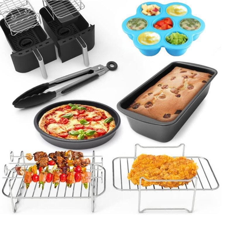 Air Fryer kiegészítők: szabálytalan alakú szilikon tál és grill 8 darabos kettős edény sorhoz