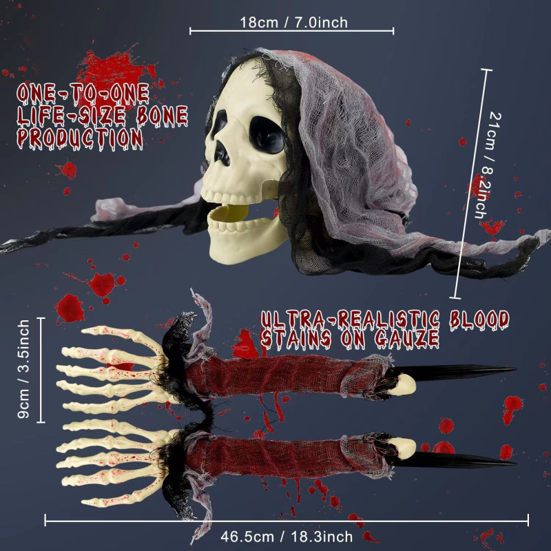 Halloween helyszíni dekoráció – háromrészes készlet csontváz fej, mászó szellem és élethű műanyag karok