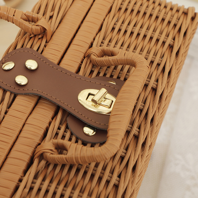 Винтажна кутия за съхранение от ратан, 12 л, портативен организатор за бижута, грим и кабели – прахоустойчива, влагозащитена, неразгъваема, възможност за печат на лого